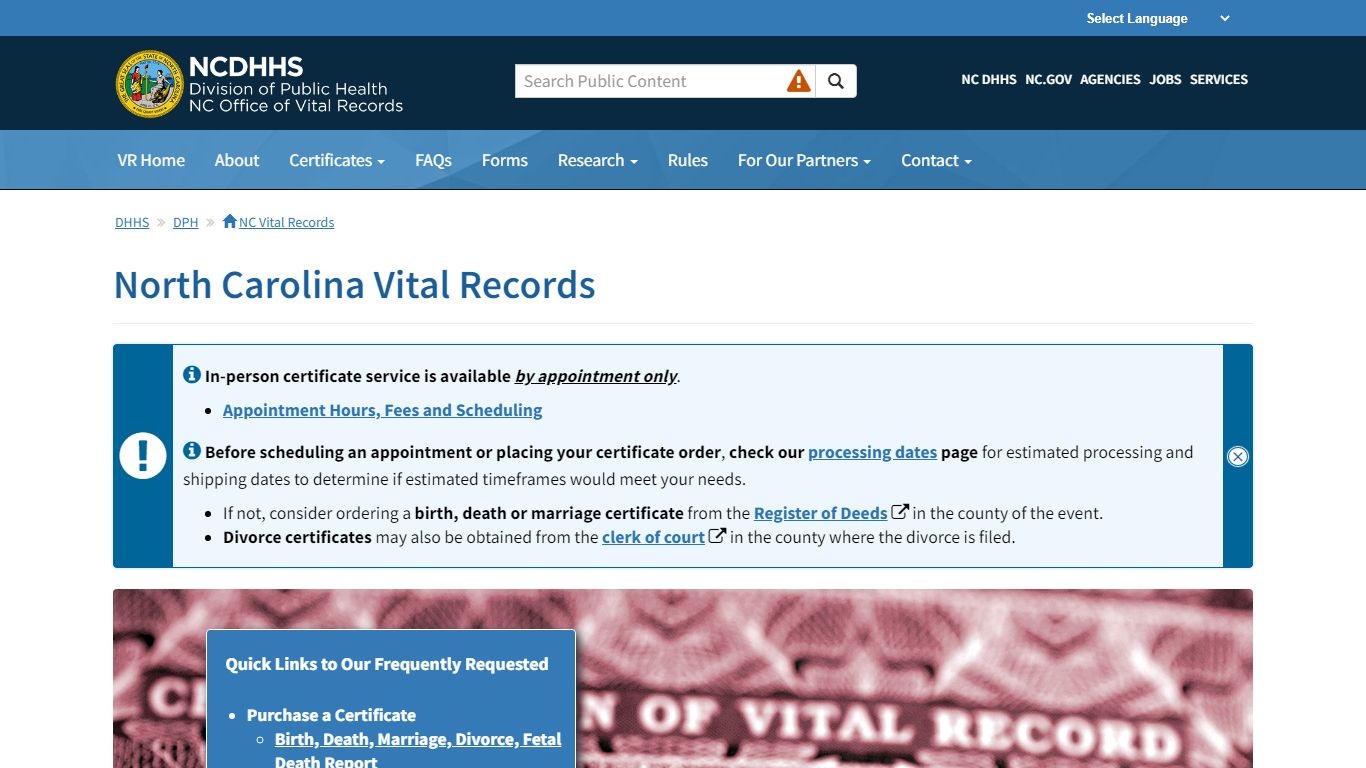 NCDHHS: DPH: NC Vital Records Home